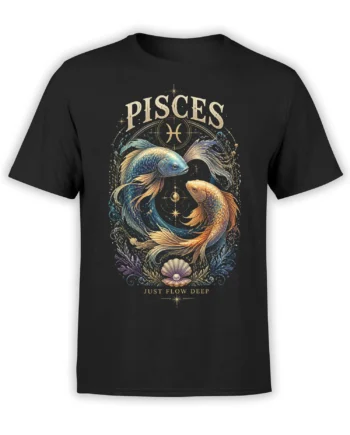 Black Pisces zodiac T-shirt with two colorful celestial fish, stars, sea plants, and “Just Flow Deep” artwork