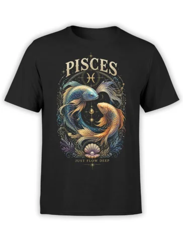 Black Pisces zodiac T-shirt with two colorful celestial fish, stars, sea plants, and “Just Flow Deep” artwork