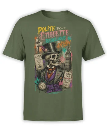 Rebellious top-hatted skeleton graphic on an olive green T-shirt with London details and colorful lettering