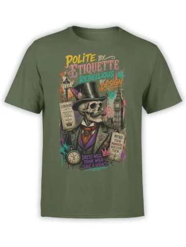 Rebellious top-hatted skeleton graphic on an olive green T-shirt with London details and colorful lettering