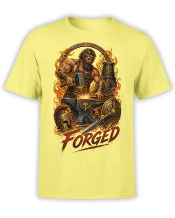 Yellow T-shirt with a bearded blacksmith warrior, flaming forge, weapons, and bold FORGED lettering