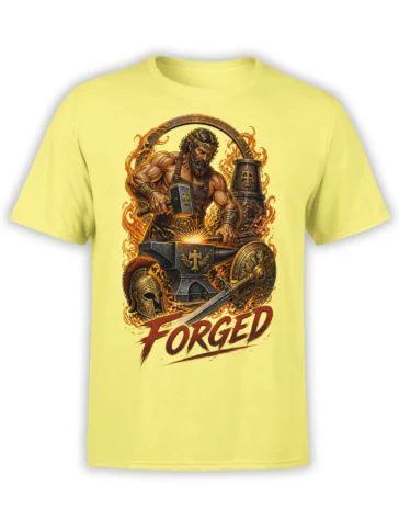 Yellow T-shirt with a bearded blacksmith warrior, flaming forge, weapons, and bold FORGED lettering