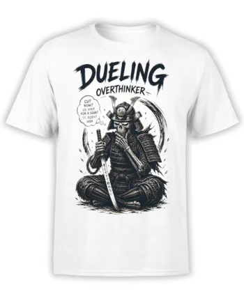 White T-shirt with an overthinking skeleton samurai, sword, thought bubble, and bold dark lettering