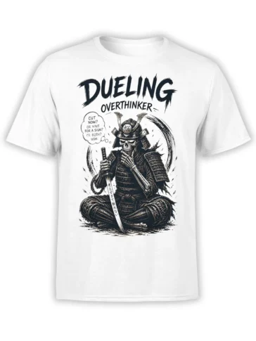 White T-shirt with an overthinking skeleton samurai, sword, thought bubble, and bold dark lettering