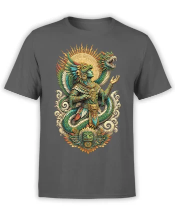 Gray T-shirt with a colorful feathered serpent, ceremonial figure, sun disk, and detailed fantasy artwork
