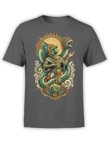 Gray T-shirt with a colorful feathered serpent, ceremonial figure, sun disk, and detailed fantasy artwork
