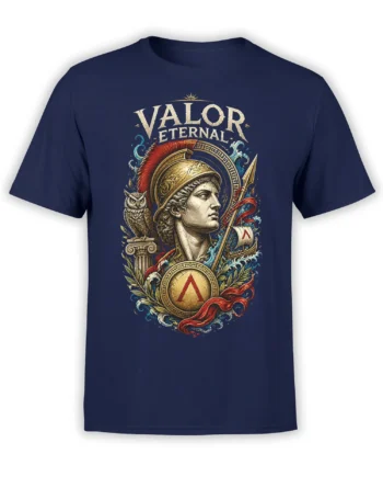 Navy Roman warrior T-shirt with owl, ship, shield, laurel leaves, and VALOR ETERNAL lettering