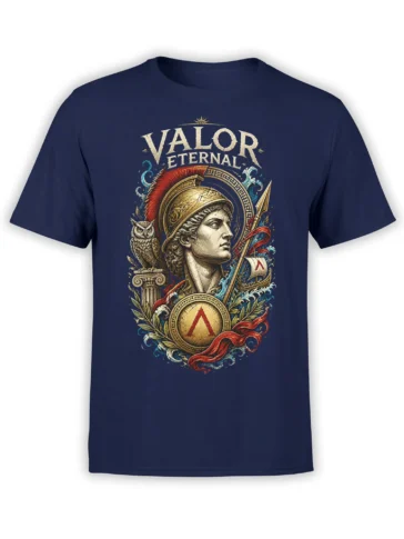 Navy Roman warrior T-shirt with owl, ship, shield, laurel leaves, and VALOR ETERNAL lettering