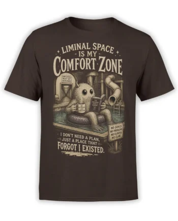 Dark brown T-shirt with a fuzzy horned monster relaxing on a pool float in a surreal pool scene