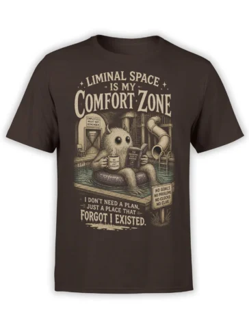 Dark brown T-shirt with a fuzzy horned monster relaxing on a pool float in a surreal pool scene