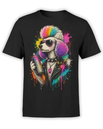 Black T-shirt with colorful punk poodle, mohawk, pink sunglasses, spray can, and graffiti paint splashes