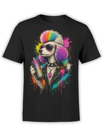 Black T-shirt with colorful punk poodle, mohawk, pink sunglasses, spray can, and graffiti paint splashes