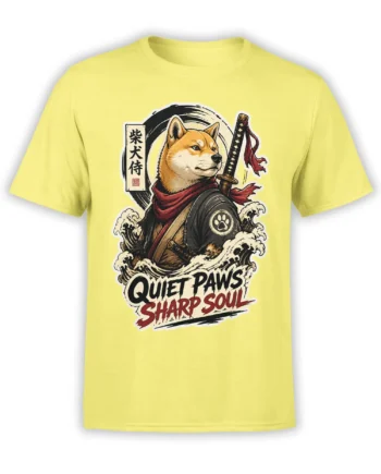 Yellow Shiba Inu samurai dog T-shirt with sword, red scarf, ocean waves, and Quiet Paws Sharp Soul text
