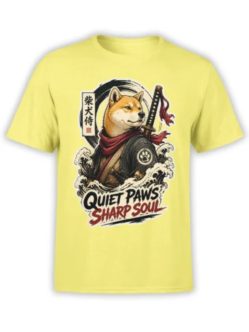 Yellow Shiba Inu samurai dog T-shirt with sword, red scarf, ocean waves, and Quiet Paws Sharp Soul text