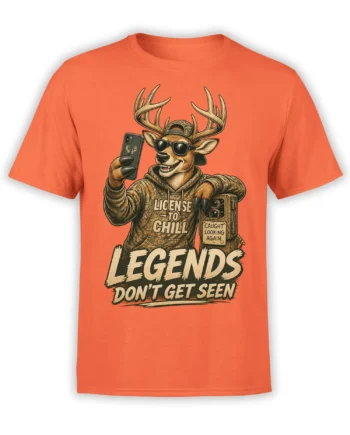 Orange T-shirt with a smiling buck in sunglasses, camouflage, and a camera beneath a chill legend slogan