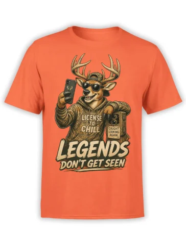 Orange T-shirt with a smiling buck in sunglasses, camouflage, and a camera beneath a chill legend slogan