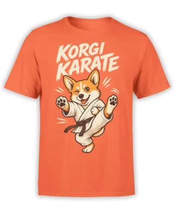 Coral T-shirt featuring a winking corgi in a karate gi with bold cream KORGI KARATE lettering