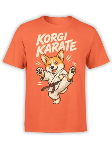 Coral T-shirt featuring a winking corgi in a karate gi with bold cream KORGI KARATE lettering