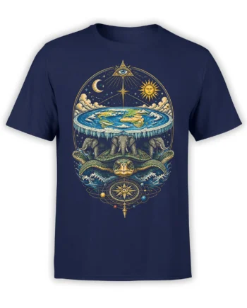 Cosmic turtle world graphic with elephants, waves, stars, and a celestial eye on a navy T-shirt