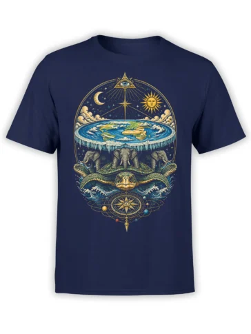 Cosmic turtle world graphic with elephants, waves, stars, and a celestial eye on a navy T-shirt