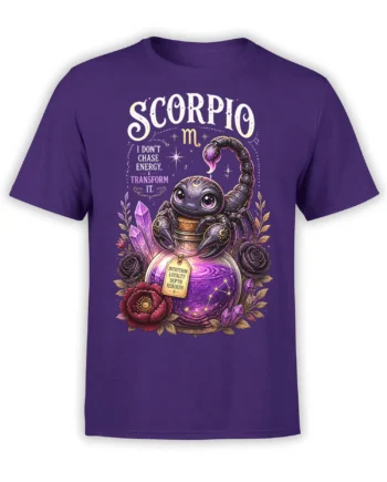 Purple Scorpio T-shirt with a mystical scorpion, crystals, roses, and a glowing potion bottle