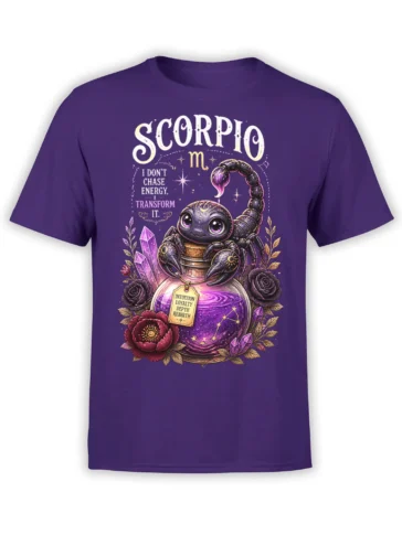 Purple Scorpio T-shirt with a mystical scorpion, crystals, roses, and a glowing potion bottle