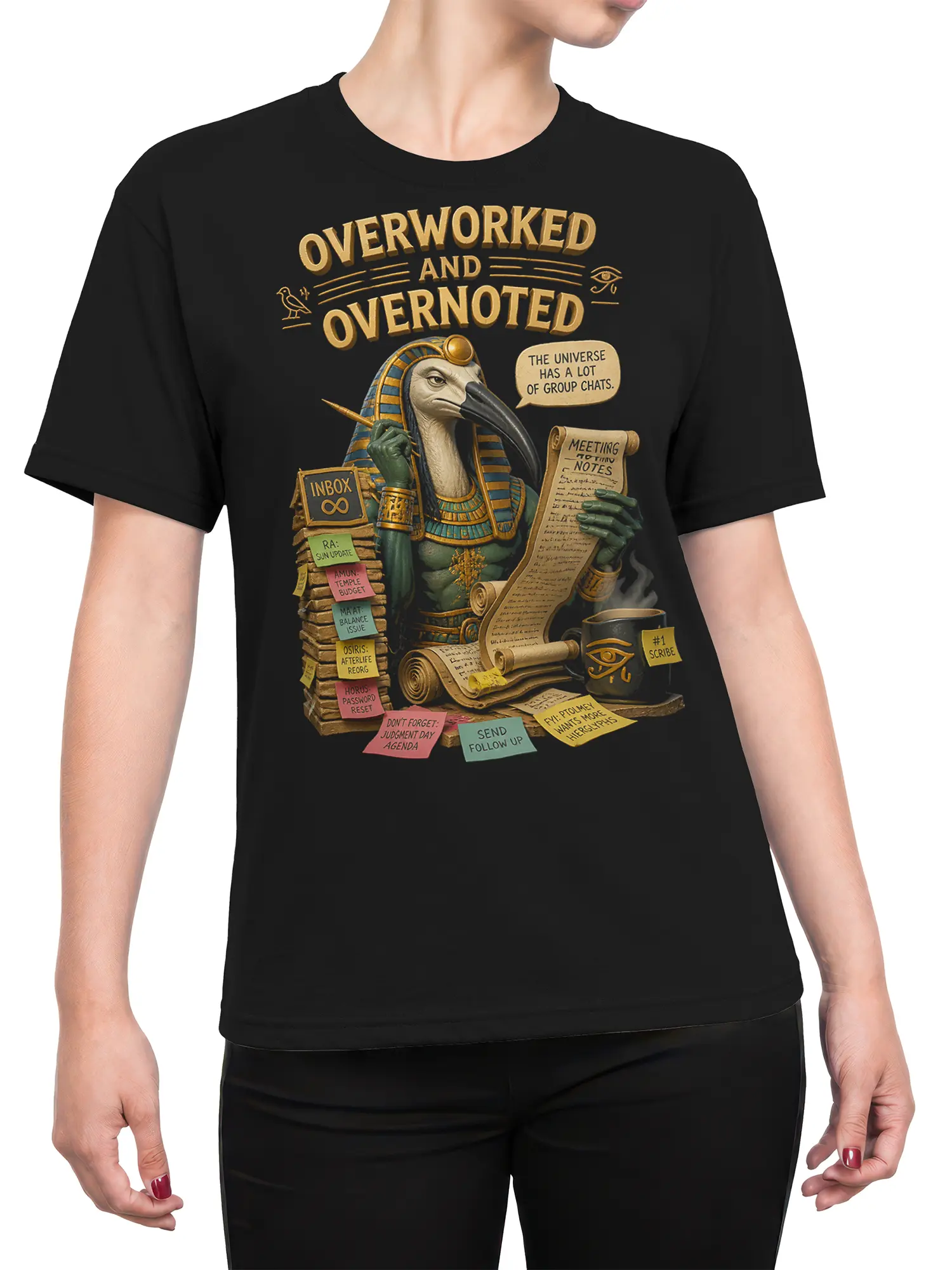 Female torso wearing a black Egyptian T-shirt with an overworked ibis figure, office notes, scrolls, and golden text
