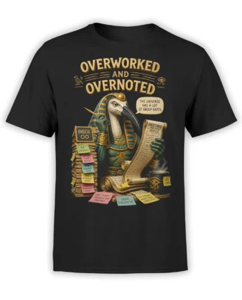Black Egyptian T-shirt with an overworked ibis-headed figure, office notes, scrolls, coffee, and golden lettering