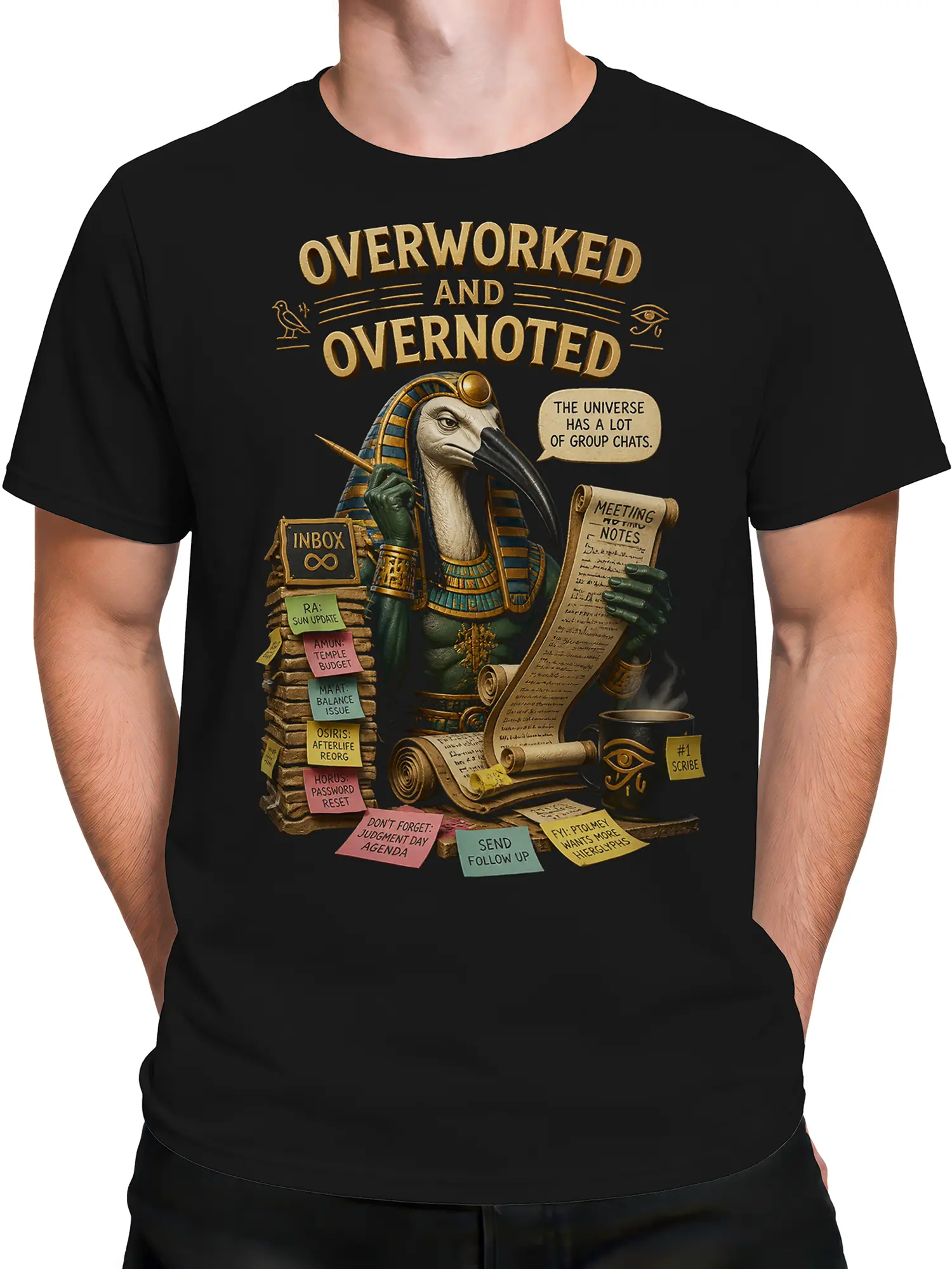 Male torso wearing a black Egyptian graphic tee with an overworked ibis figure and vintage office artwork
