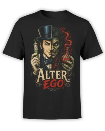 Black alchemist T-shirt with a split human-monster portrait, colorful potions, and ALTER EGO lettering