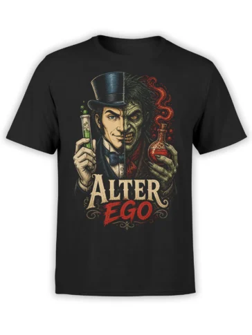 Black alchemist T-shirt with a split human-monster portrait, colorful potions, and ALTER EGO lettering
