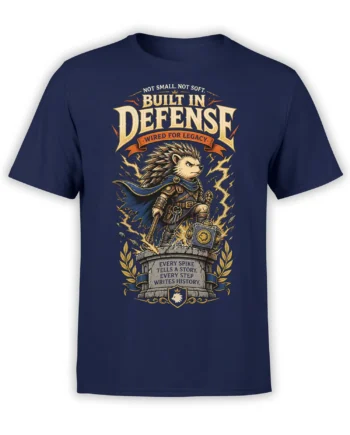 Armored hedgehog warrior graphic with sword, shield, lightning, and legacy text on a navy T-shirt