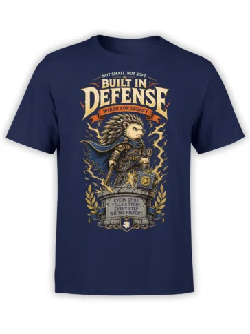Armored hedgehog warrior graphic with sword, shield, lightning, and legacy text on a navy T-shirt
