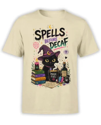 Beige T-shirt with black witch cat, spell books, crystals, and “Spells Before Decaf” artwork