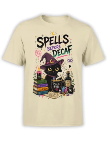 Beige T-shirt with black witch cat, spell books, crystals, and “Spells Before Decaf” artwork