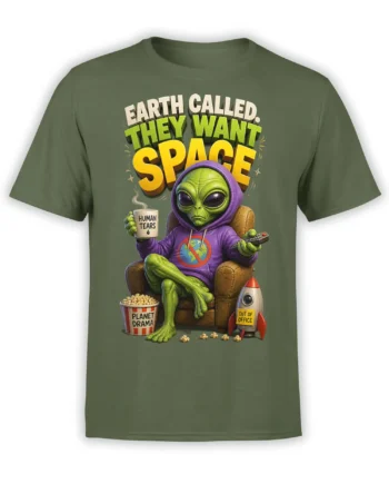 Green alien T-shirt with “Earth Called” text, human tears mug, popcorn, and an out-of-office rocket