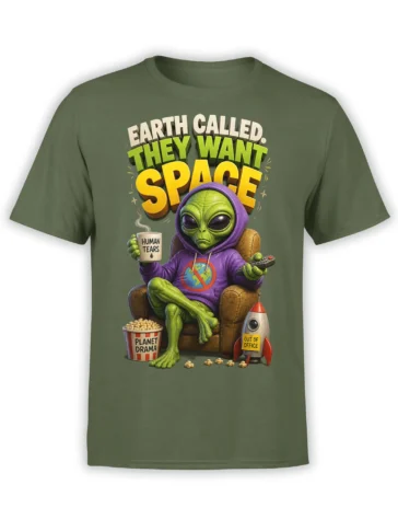 Green alien T-shirt with “Earth Called” text, human tears mug, popcorn, and an out-of-office rocket