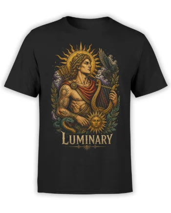 Black mythology T-shirt with a haloed lyre player, eagle, serpent, sun motifs, and LUMINARY text