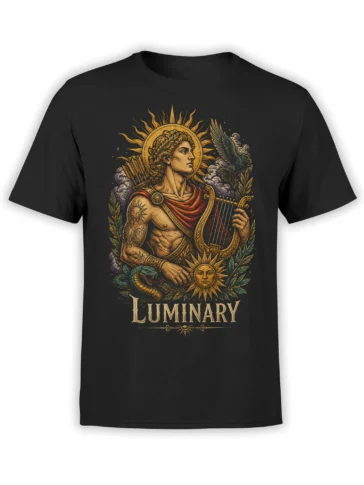 Black mythology T-shirt with a haloed lyre player, eagle, serpent, sun motifs, and LUMINARY text
