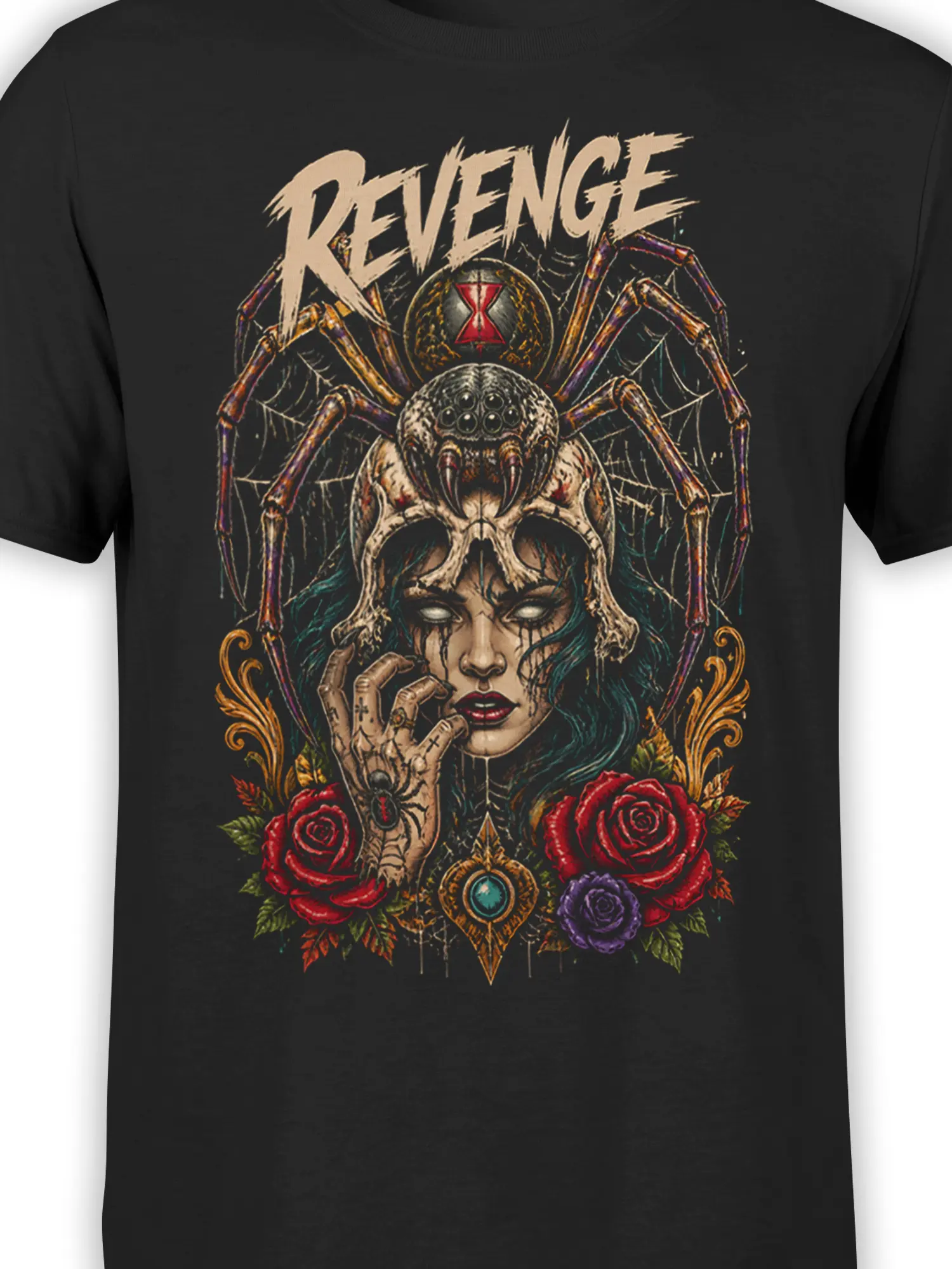 Close-up of gothic woman, skull, spider, roses, and REVENGE design on black fabric