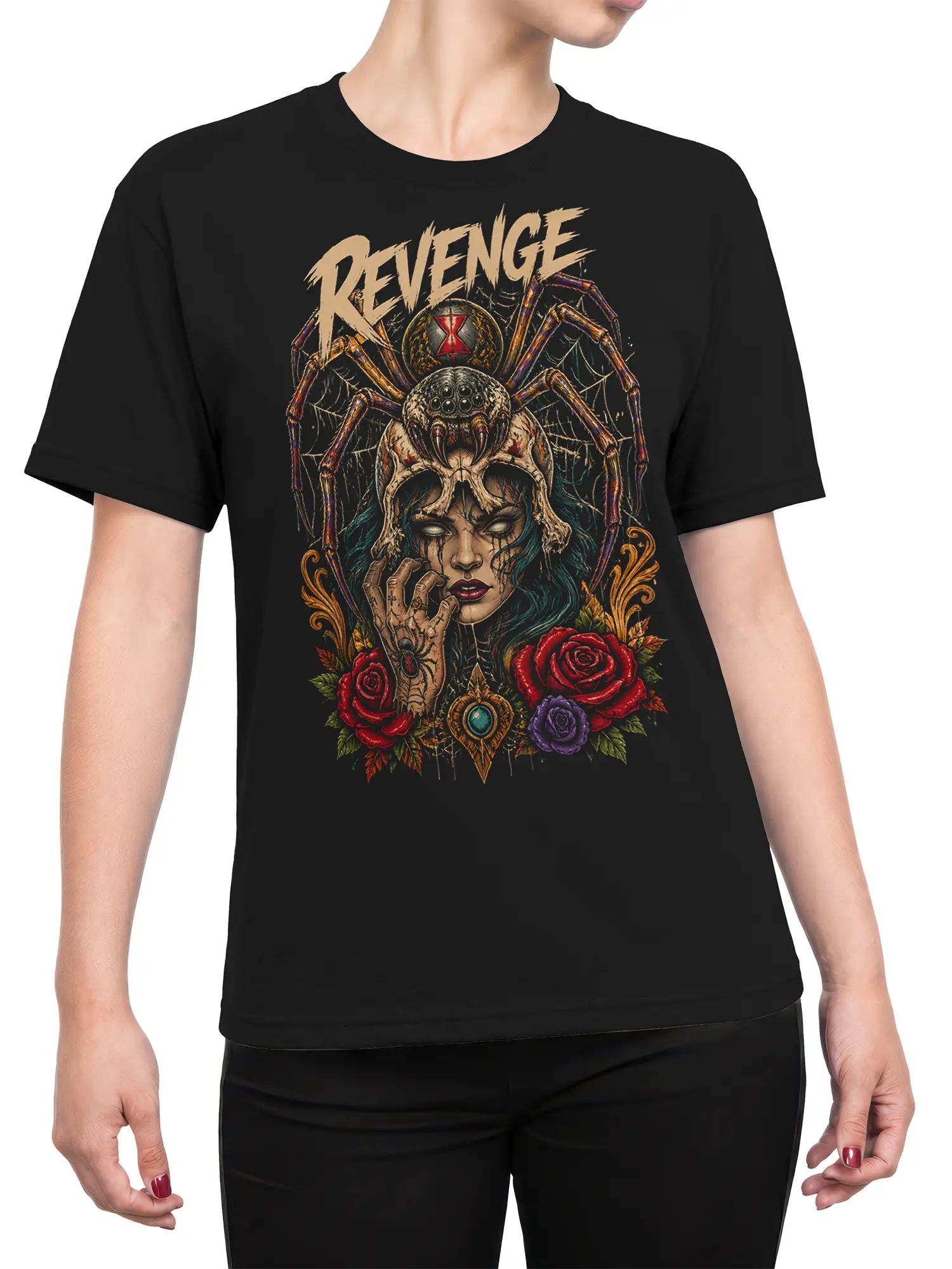 Female torso wearing a black gothic spider T-shirt with skull, roses, and REVENGE design