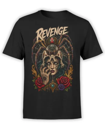 Black T-shirt with gothic woman, skull, spider, roses, and bold REVENGE artwork