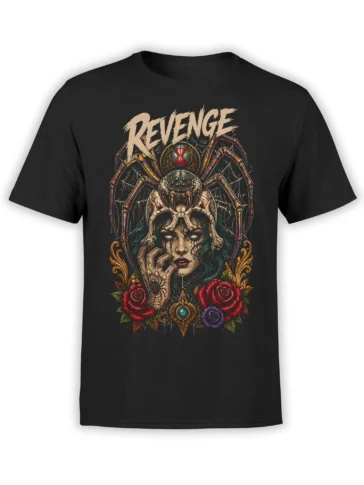 Black T-shirt with gothic woman, skull, spider, roses, and bold REVENGE artwork