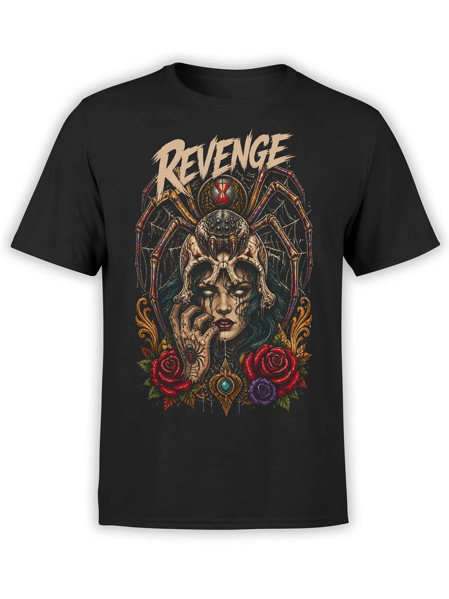 Black T-shirt with gothic woman, skull, spider, roses, and bold REVENGE artwork