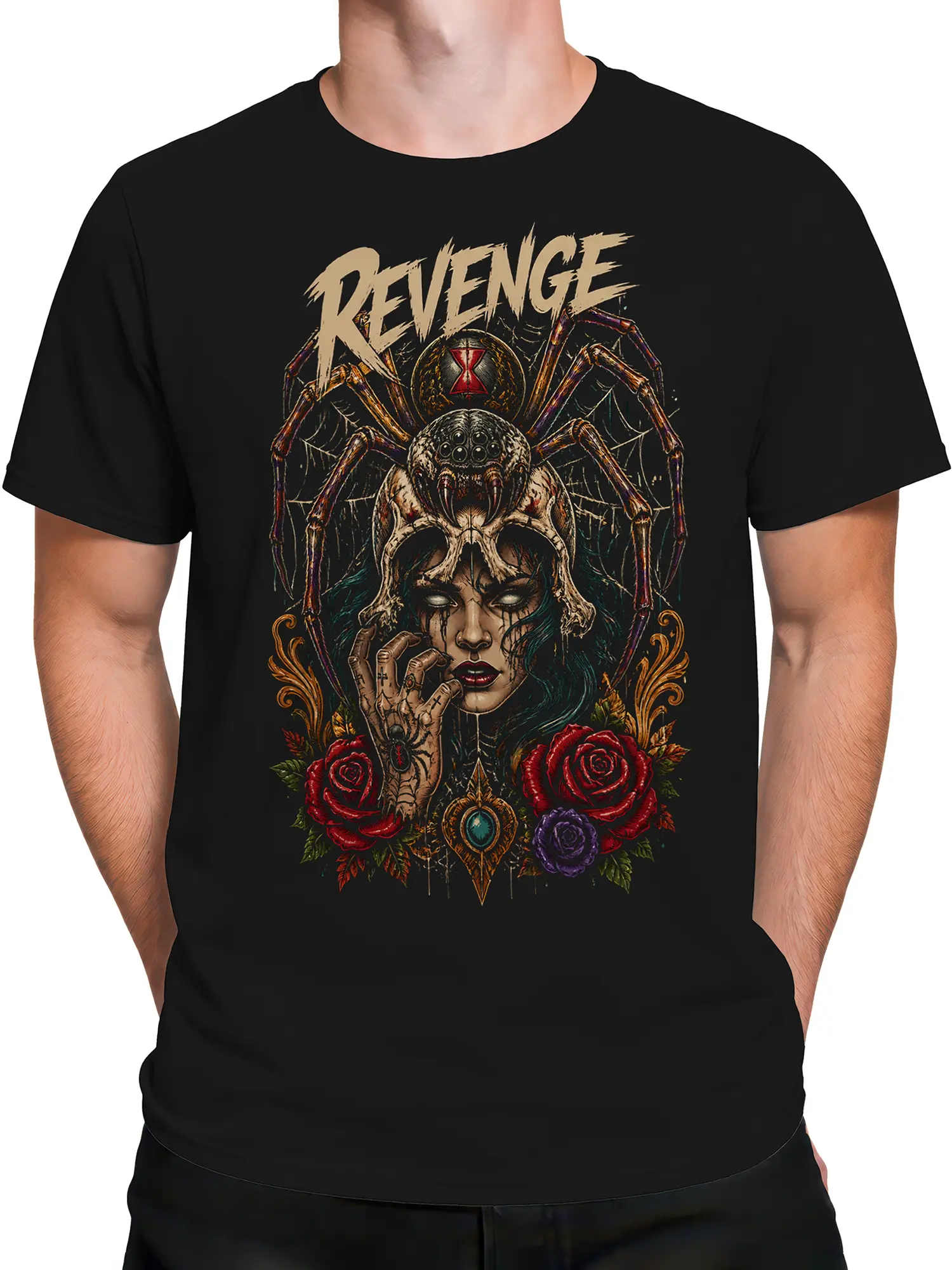 Male torso wearing a black gothic T-shirt with spider, skull, roses, and REVENGE graphic