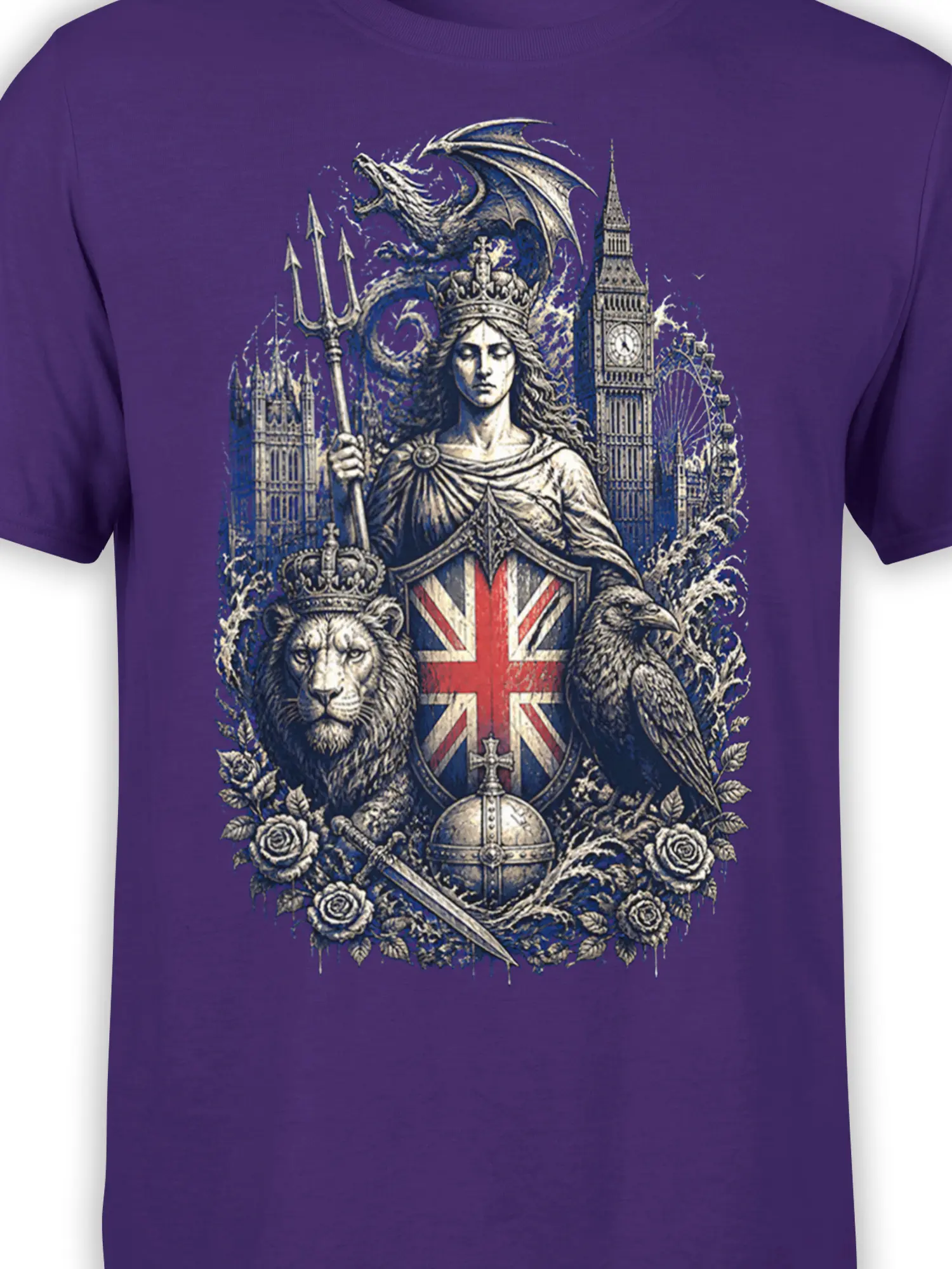 Close-up of England heraldic artwork with a crowned woman, Union Jack shield, dragon, lion, and raven on purple fabric