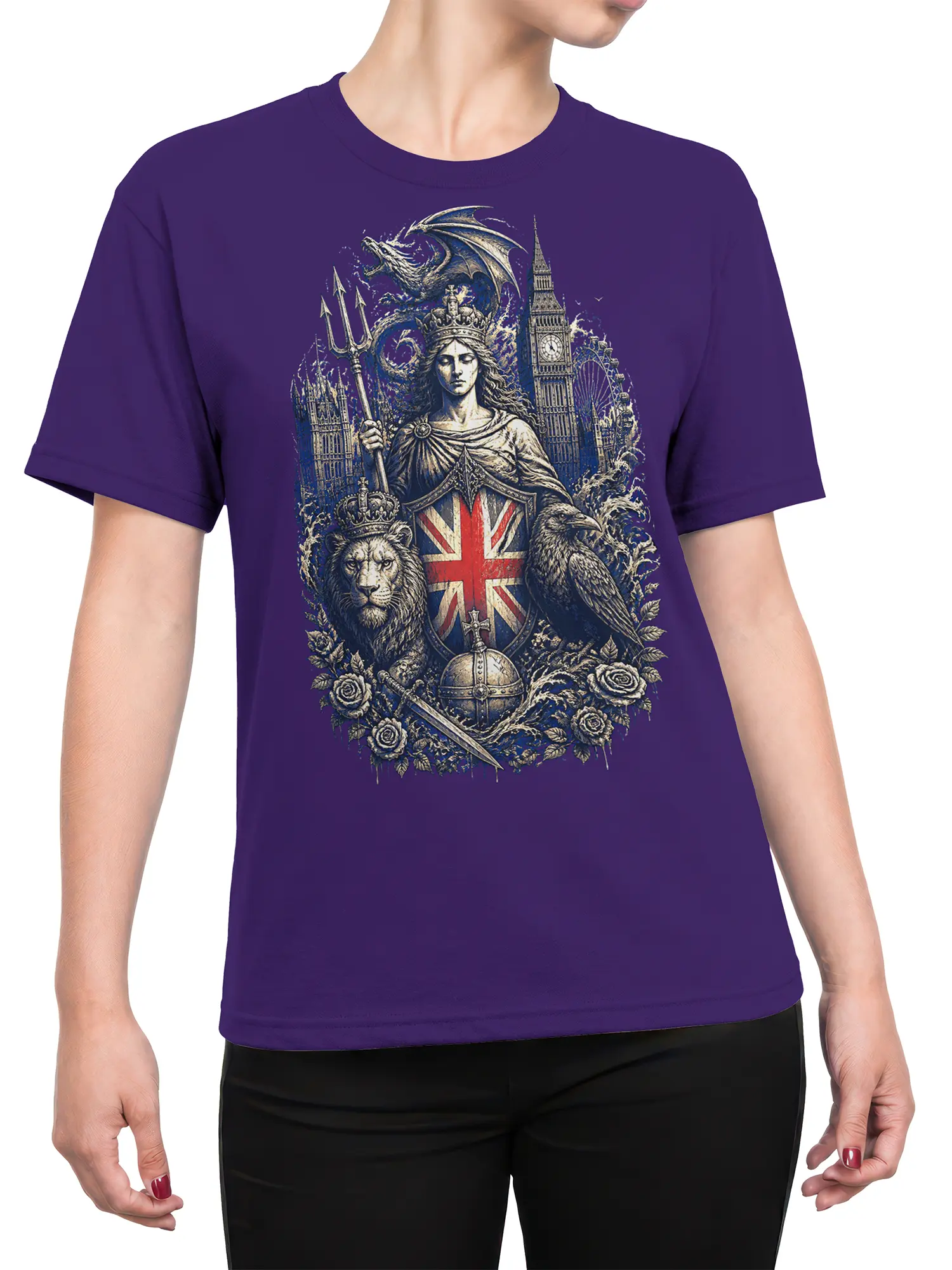 Female torso wearing a purple England graphic tee with a crowned woman, Union Jack shield, dragon, lion, and London landmarks