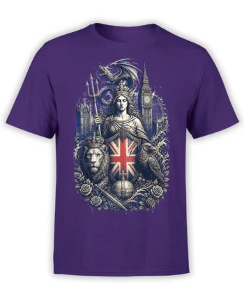 Purple England T-shirt with crowned woman, Union Jack shield, dragon, lion, raven, and London landmarks