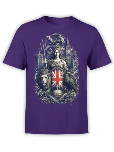 Purple England T-shirt with crowned woman, Union Jack shield, dragon, lion, raven, and London landmarks