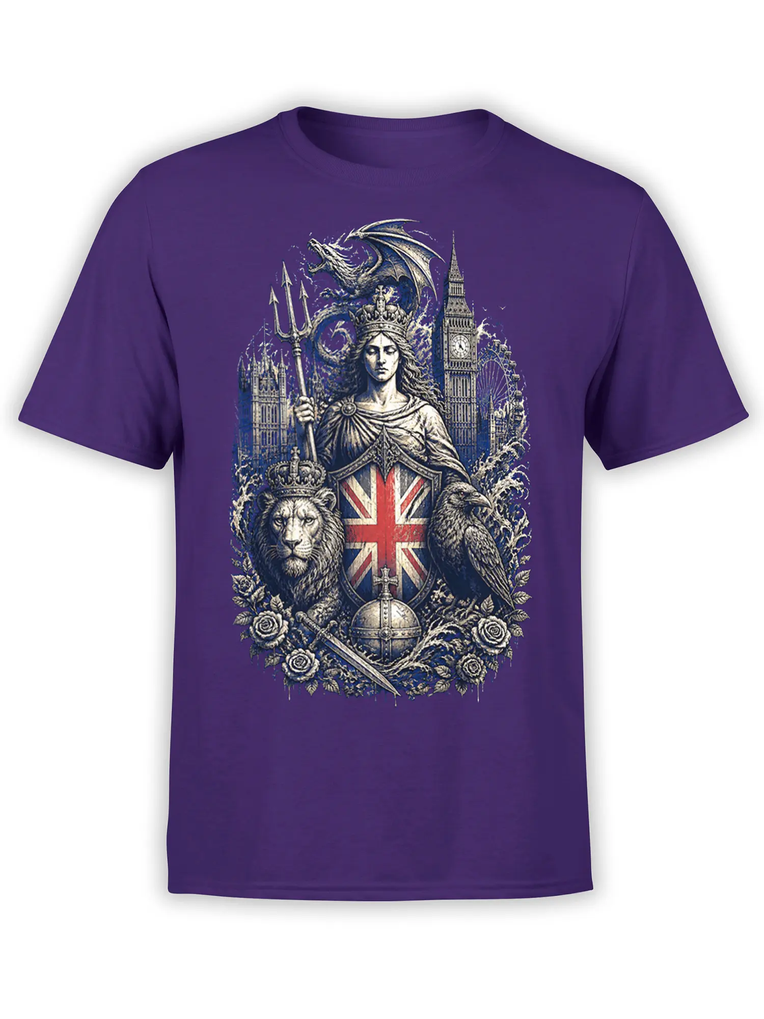 Purple England T-shirt with crowned woman, Union Jack shield, dragon, lion, raven, and London landmarks